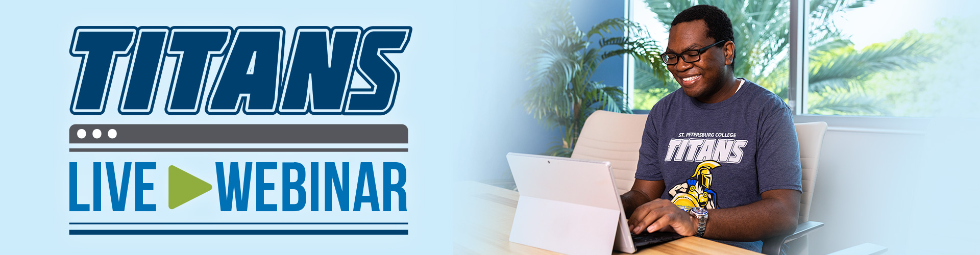 Titans Live Webinar logo and an SPC student watching a webinar on his laptop