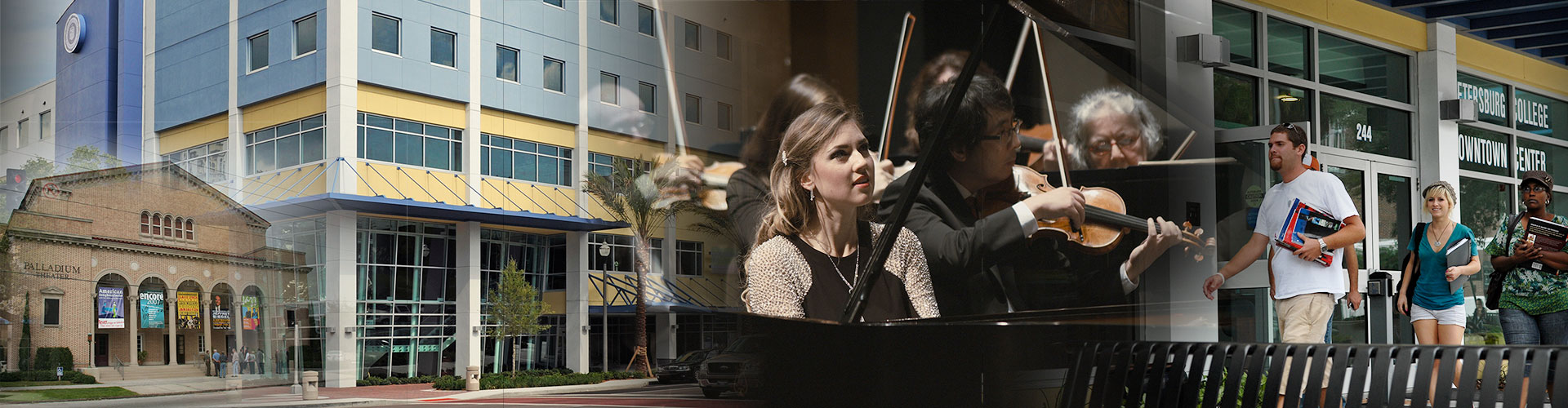 A collage consisting of pictures of The Palladium, SPC Downtown Center, a concert pianist, and student walking in front of SPC Downtown Center.