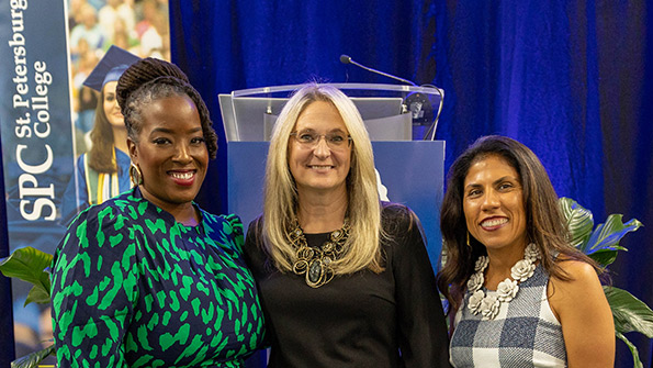 Student scholarship recipient Shalawa Morgan, alumna Sandy Ho, and donor Berth Burruezo spoke words of encouragement and gratitude