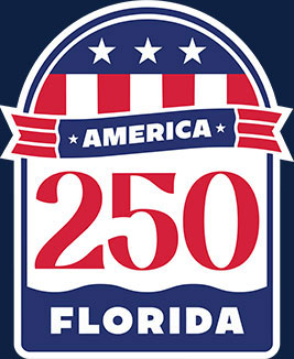 Red, white and blue America 250 Florida logo