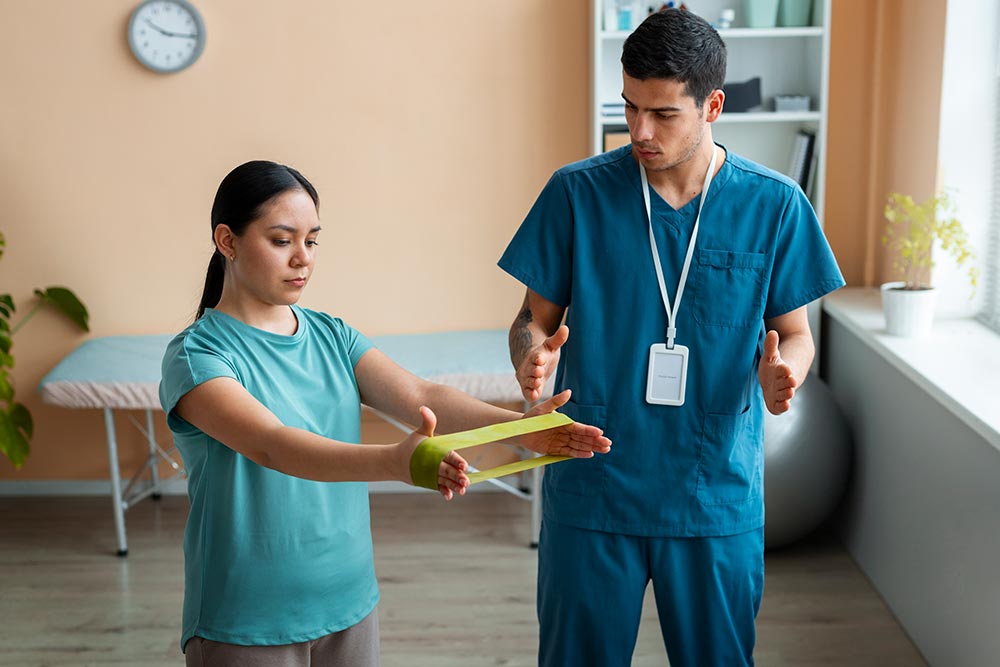 male physical therapist assistant showing a patient how to use a stretchy band