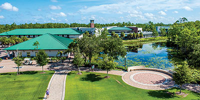 Florida Gulf Coast University campus with images of buildings, trees and ponds