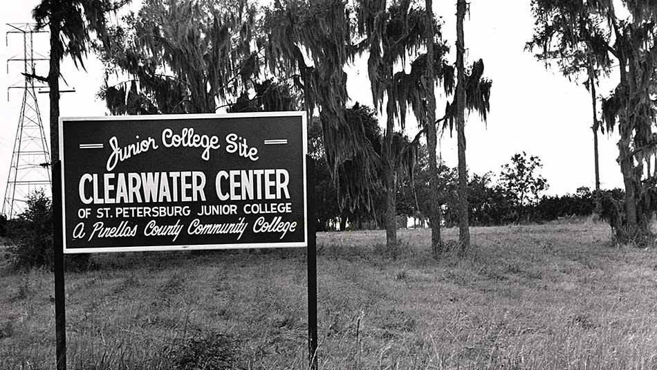 black and white vintage image of the original Junior College Clearwater Campus sign