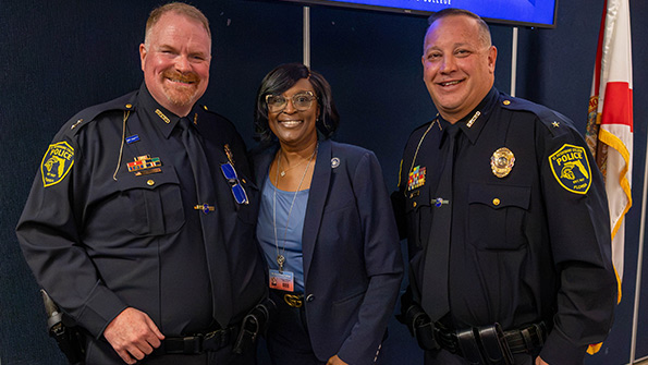 SPC Police Chief Andrew MacPherson, SPC President Dr. Tonjua Williams and Deputy Chief Tracy Smith following the inaugural swearing-in ceremony for the St. Petersburg College Police Department.