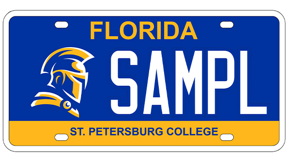 graphic depicting a blue and yellow license plate with the words SAMPL and St. Petersburg College