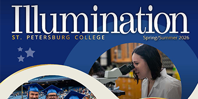 cover of Saint Petersburg College Magazine showing blue background with a student at a microscope