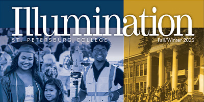 cover of Saint Petersburg College Magazine showing 3 sepia toned photos of  graduates