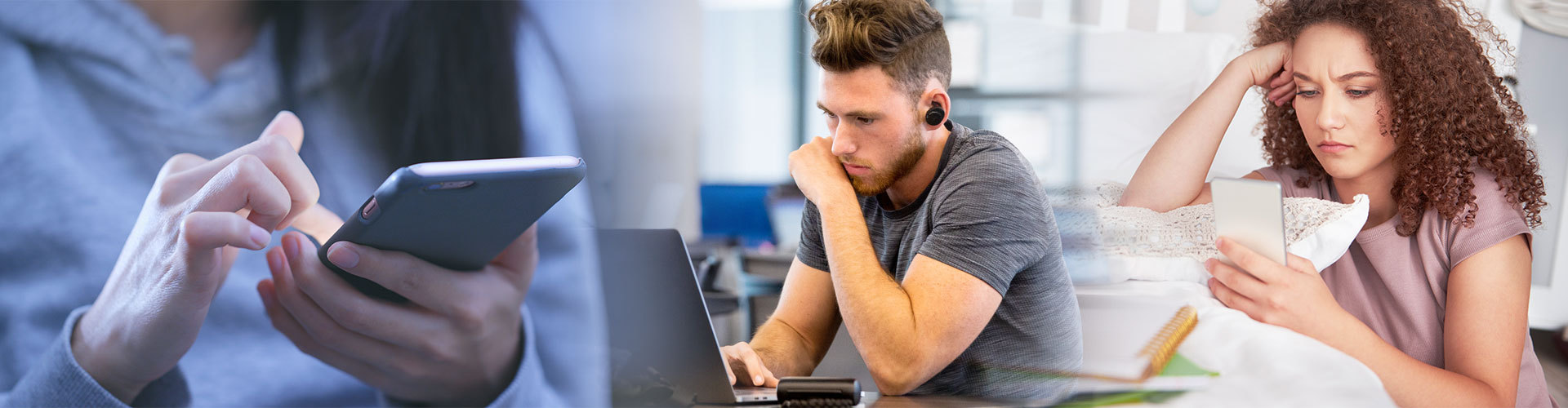 collage of images including hands operating a cell phone, a man crouching over a laptop and a woman with a puzzled look on her face looking at her cell phone