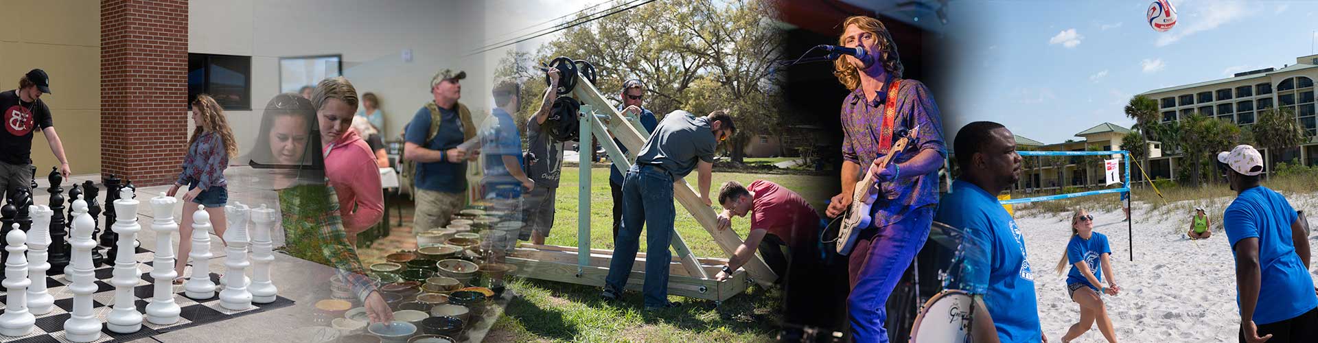 A collage of SPC events, including student playing life-sized chess, engineering student working on a catapult, a guitar player on stage, singing in to a microphone, and beach volleyball.