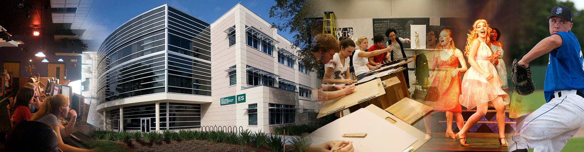 A collage of a row of students in a classroom, the SPC Clearwater Campus ES Building, a row of visual arts students sketching a sculpture, a group of dancers rehearsing for a musical, and an SPC Titans baseball player winding up for his pitch.  