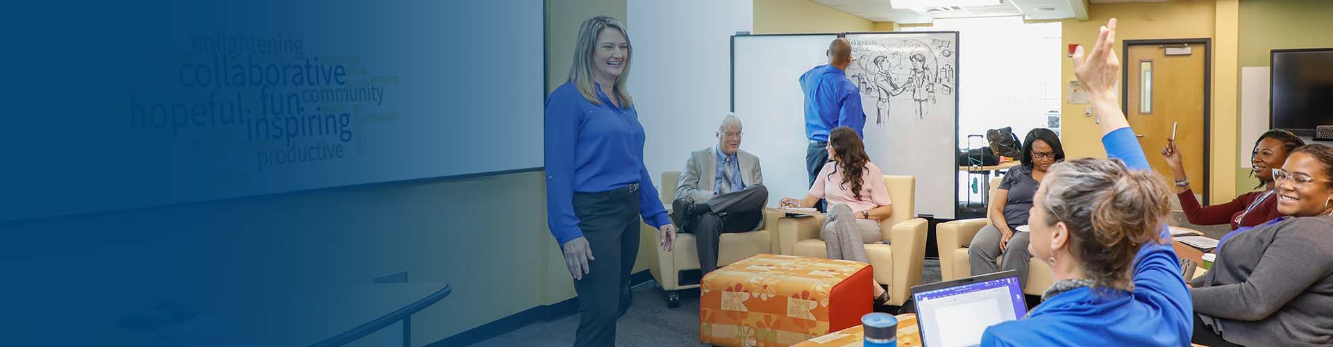 blue gradient that transitions to a female moderator in a blue shirt engaging participants at SPC's Collaborative Labs