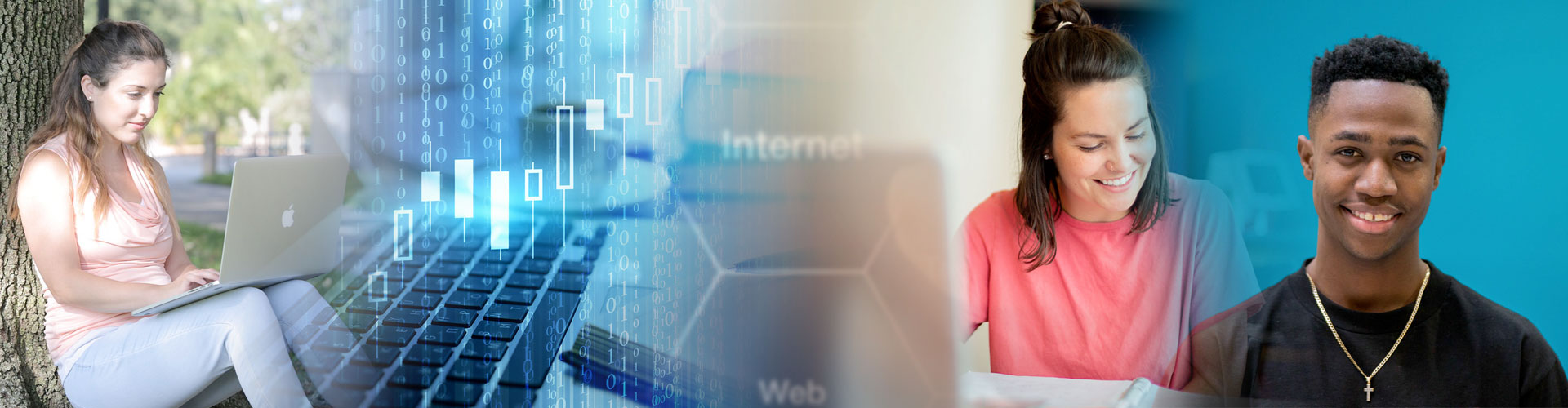 A collage of a female student, leaning against a tree, working on a laptop;a candlestick chart over a matrix-style background;a female student wearing a pink shirt; a male student wearing a black shirt.
