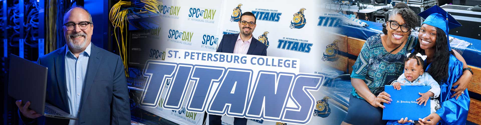 A collage of a man holding a laptop computer, standing in front of a row of server racks; a man holding a large SPC Titans banner at an event; a mother, seated with her arm around her daughter and granddaughter, at her daughter's graduation ceremony, holding a diploma.