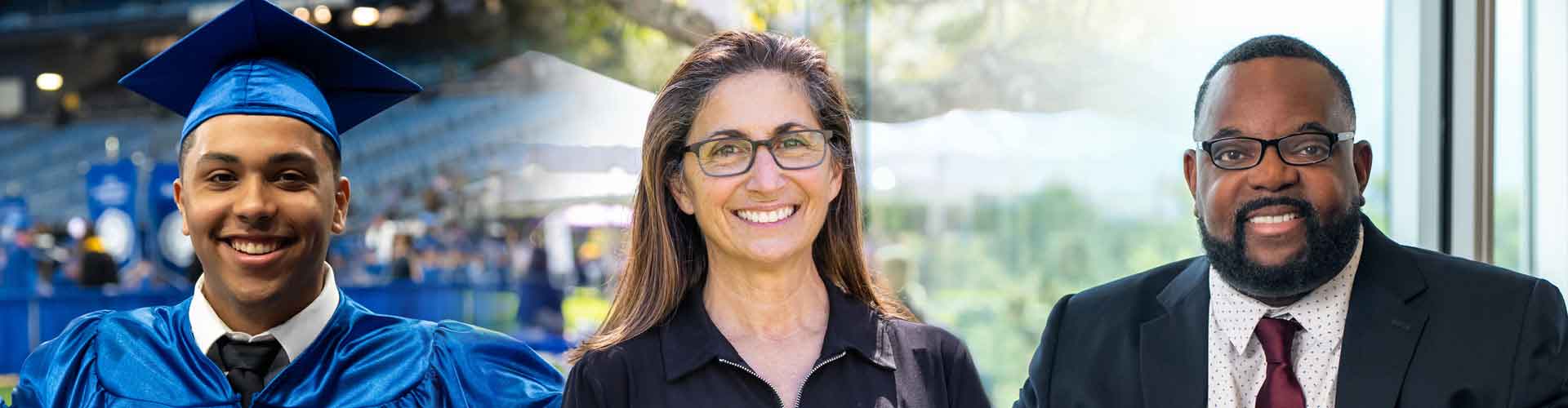 A collage of a male graduate wearing his cap and gown; Nicole Stott, smiling, at an SPC campus, wearing a black top; a male alumni wearning a suit coat and tie over a white dress shirt and maroon tie.
