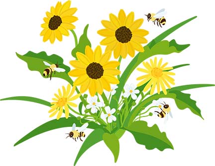 fun illustration of yellow bees and flowers