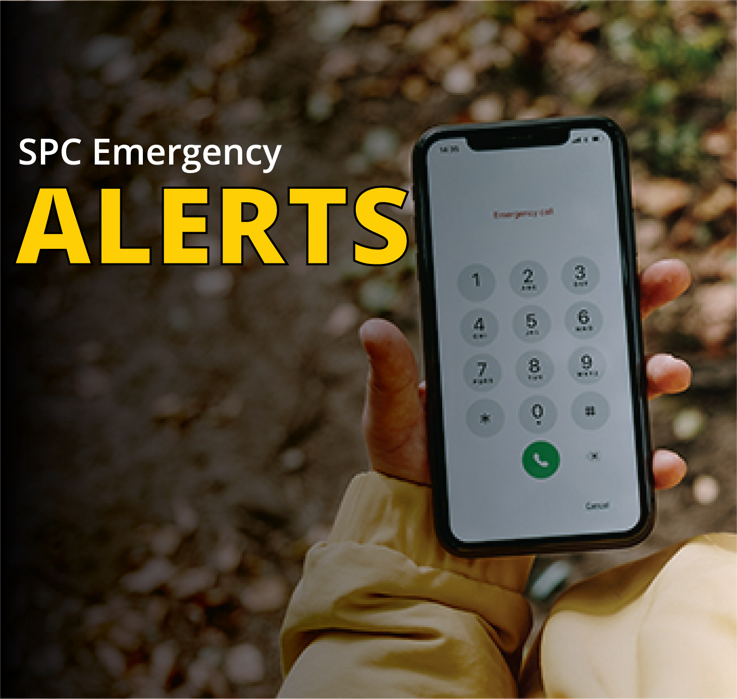 SPC Emergency alerts text in yellow next to image of someone holding a cell phone