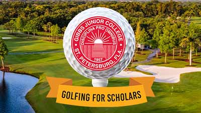 collage showing the logo for the golf tournament over a golf ball