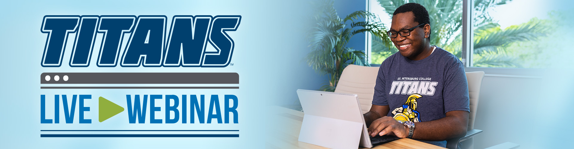 Titans Live Webinar logo and an SPC student watching a webinar on his laptop