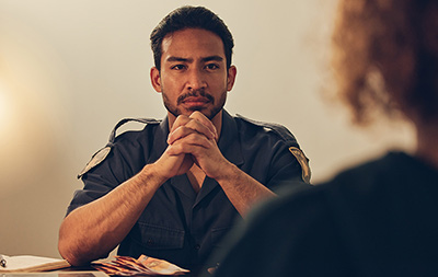 police officer in uniform with his hands folded in front of his face
