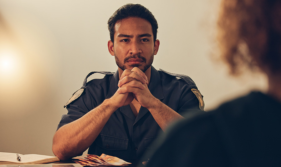 police officer in uniform with his hands folded in front of his face