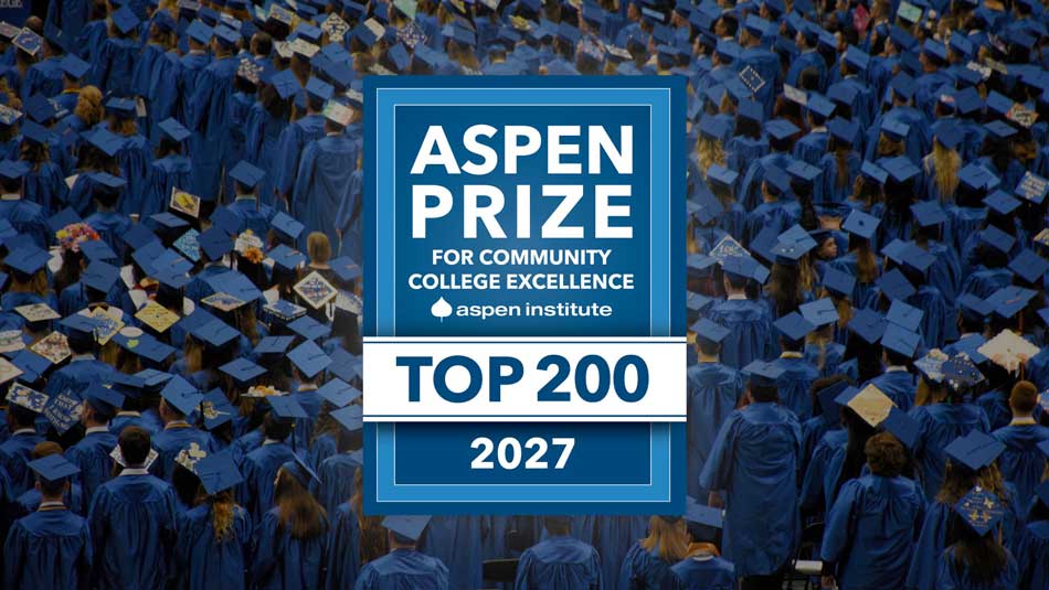 background image of graduates in blue caps with the blue and white logo of the Aspen Institiute in the middle