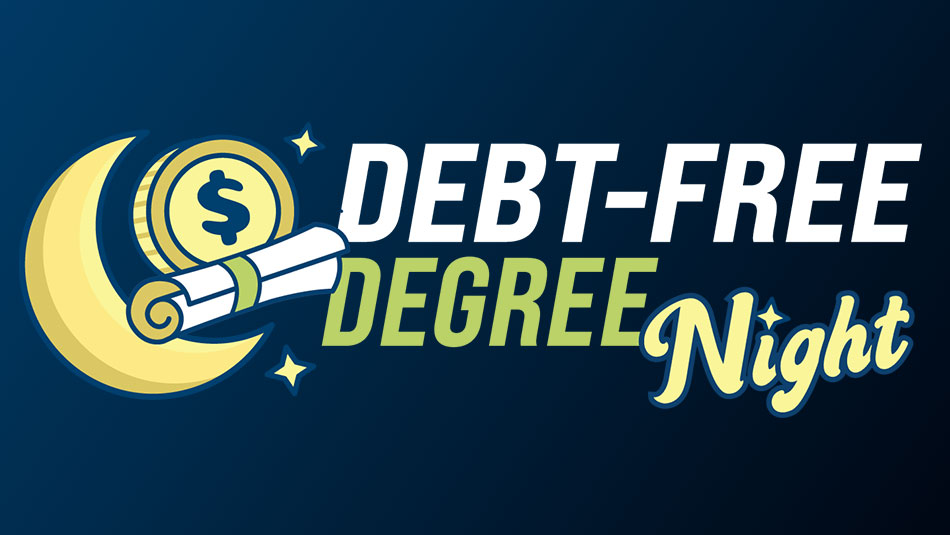 graphic image with blue background, yellow moon, and the words debt-free degree night