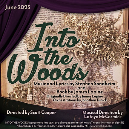 illustration of an outdoor scene with the words Into the Woods over it