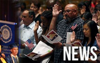 a collage of images including graduation and a naturalization ceremony