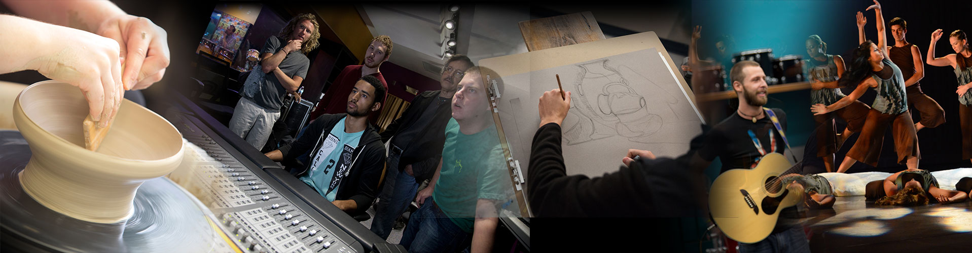 A collage of a working pottery wheel, a group of student at a studio sound board, a studernt sketching vases, a male student playing a guitar and a group of dancers on stage.