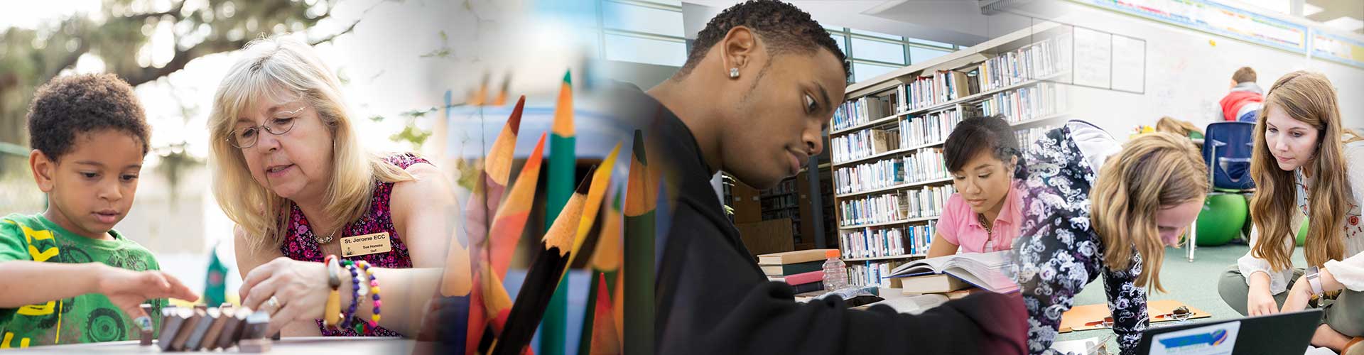 A collage of a teacher working with a young, male student, a closeup of colored pencils, two students studying in the library, two female teachers sitting on the classroom floor with clipboards and a laptop computer.