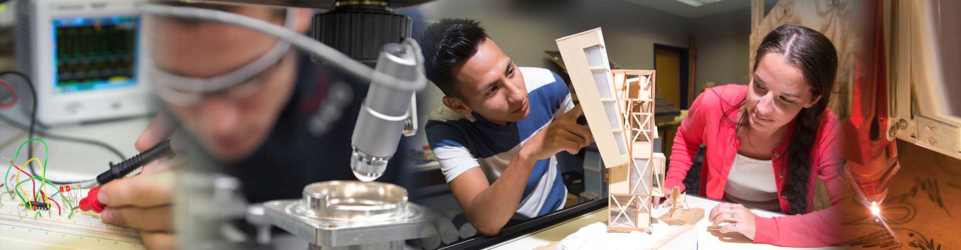 A collage of a circuit board, two students working on an architectural model, and a laser engraver.