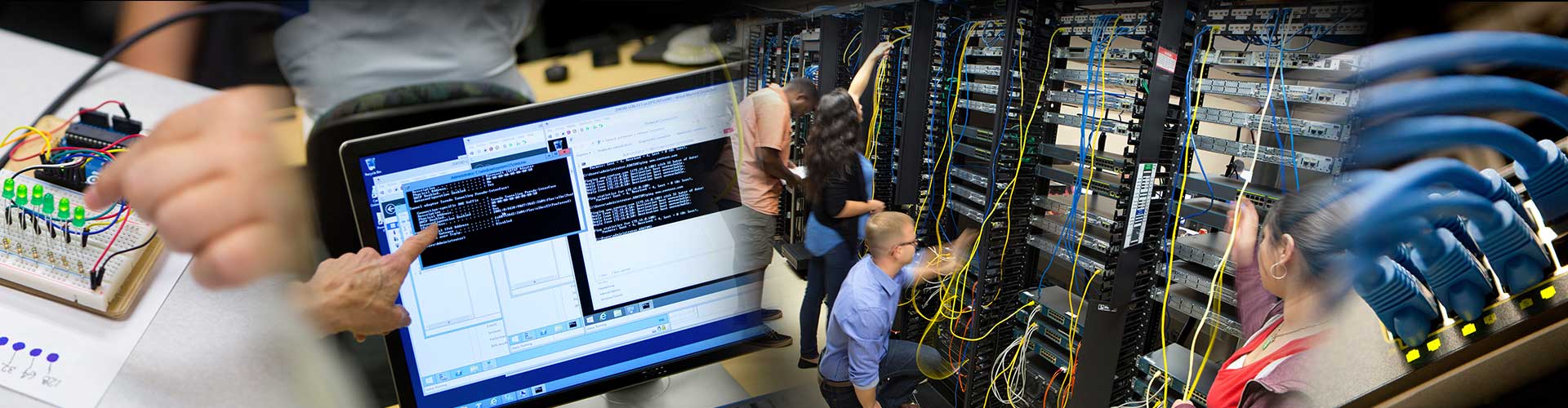 A collage of circuits, server racks, networking tools.