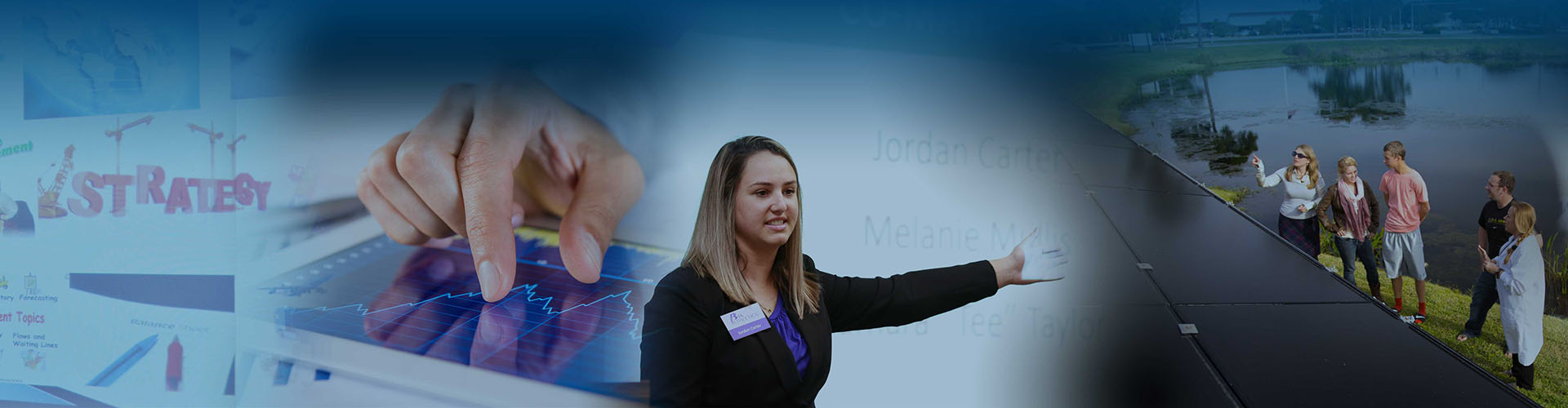 A collage of a businessman's hand manipulating a line graph on a tablet, a woman wearing a business suit presenting in from of a projector screen, and woman in a lab coat showing a group of people a solar array.