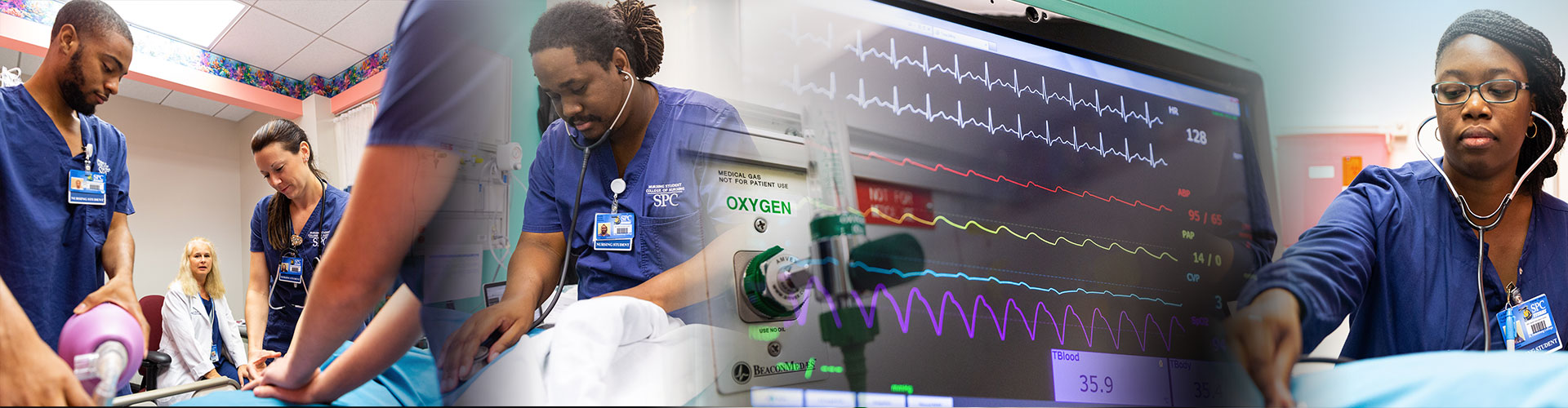 A collage of nursing students getting hands-on experience with patient care.