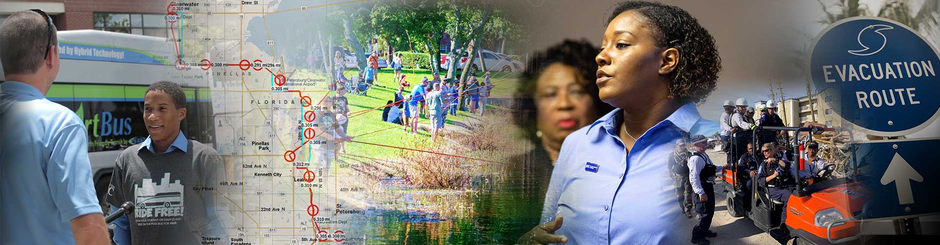 A collage of a student being interviewed at PSTA, a digital map with a plotted route, forensics studies at a lake and a transport vehicle full of line workers.