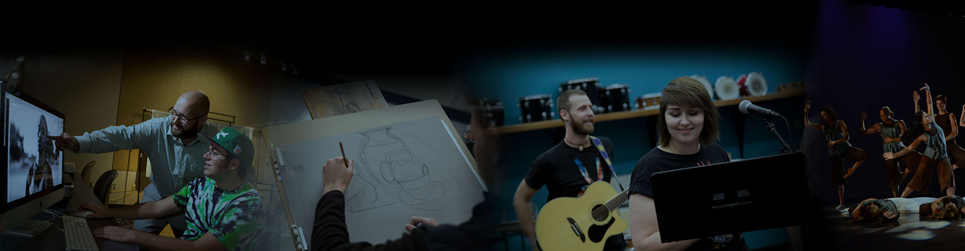 grouping of images of artists drawing and playing musical instruments