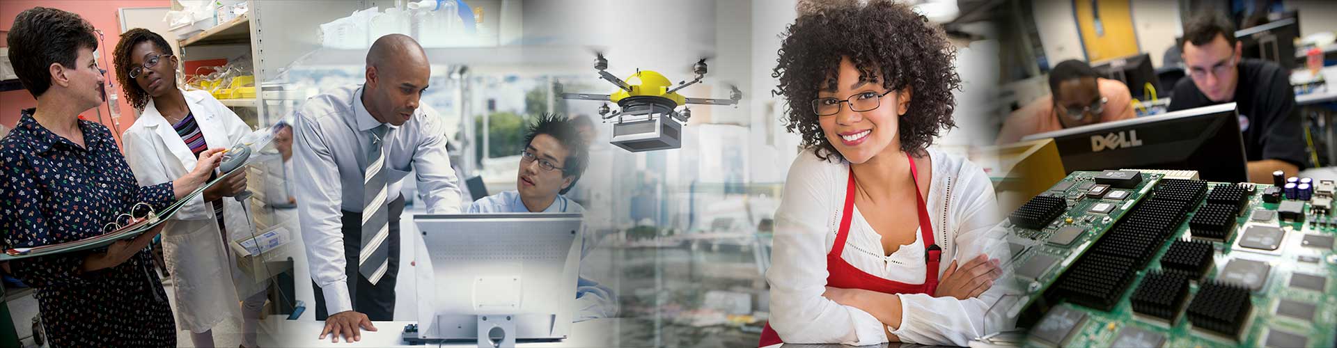 collage of students in nursing scrubs, working on a computer, a drone and servers